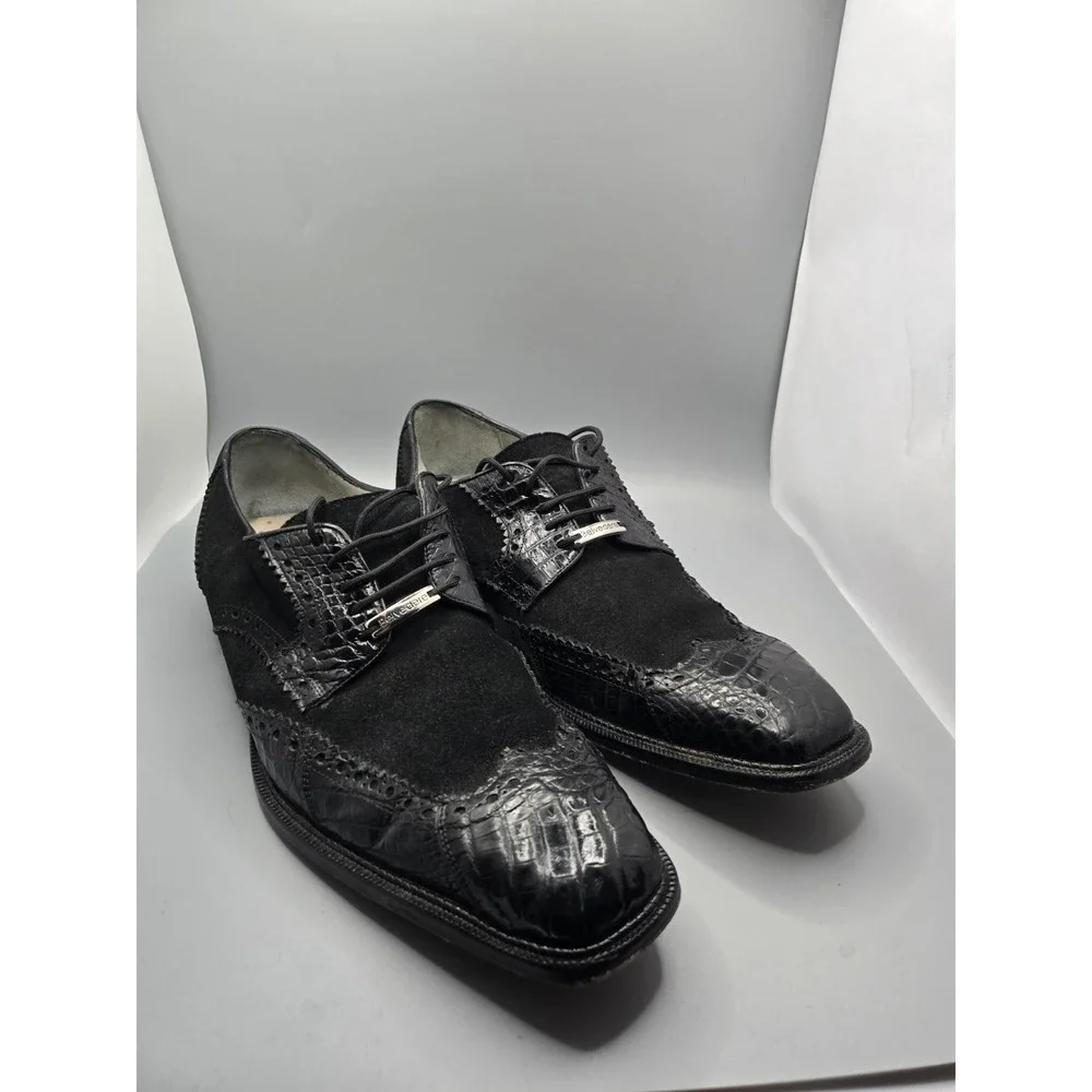 Belvedere Mens Wingtip Oxfords Black Leather Crocodile Square‎ Toe Lace Up 9.5